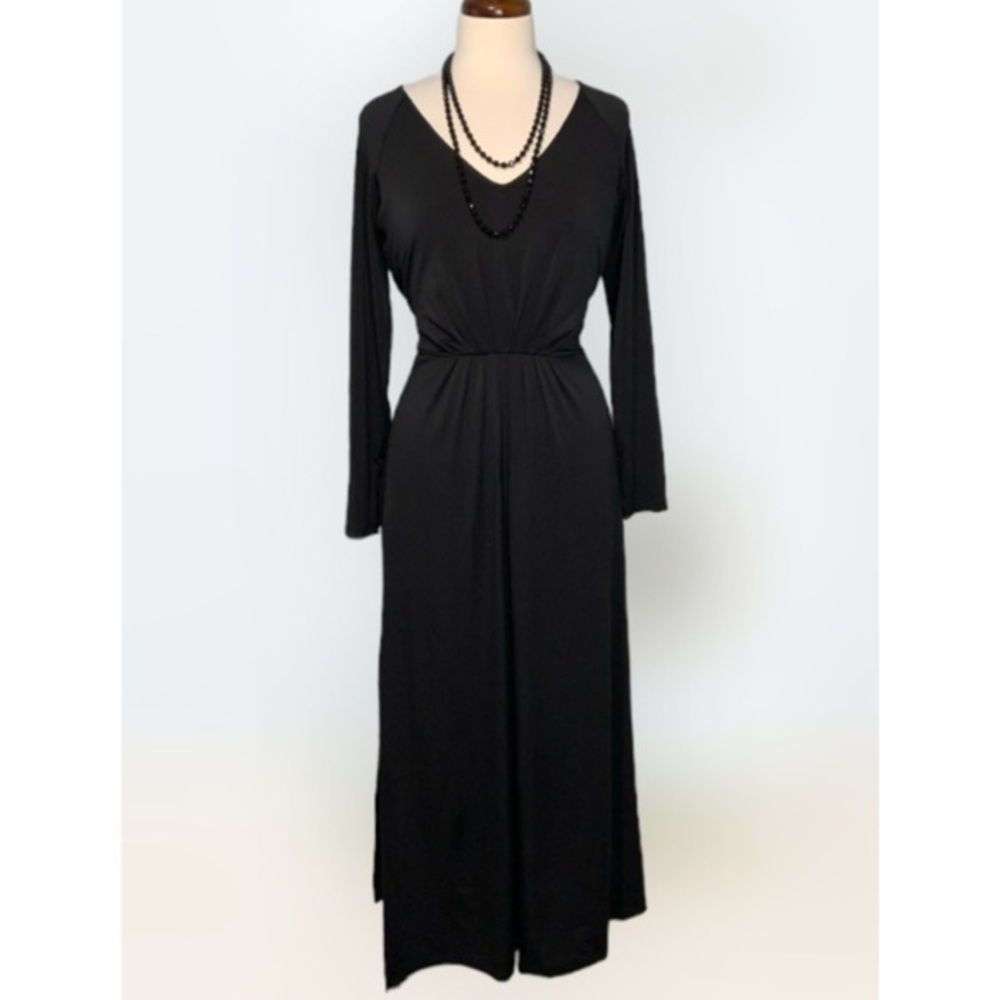June by June Ambrose Black Stretch Knit Maxi Long Sleeve V-Neck Tie Back Dress S